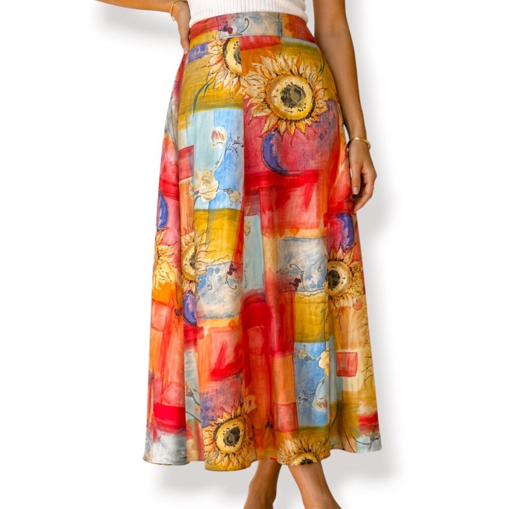 Vintage Sunflower Patchwork Flowing Midi Skirt Small Boho Euro Summer Eclectic